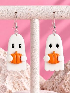 Fall Ghostie with Pumpkin — Fall & Autumn — Handmade Earrings — White & Orange
